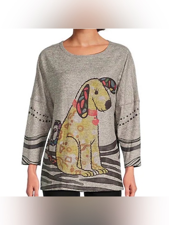 Ali Miles Sweaters - Ali Miles 2X Gray Whimsical Dog Graphic Tunic Top 3/4 Sleeve Stretch